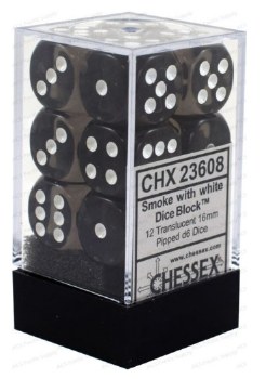 D6 12-die set: 16mm Translucent Smoke/white