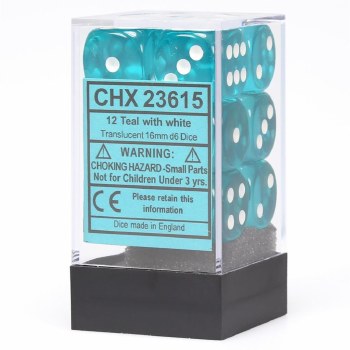 D6 12-die set: 16mm Translucent Teal/white