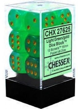 D6 12-die set: 16mm Borealis Light Green/gold