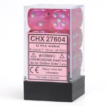 D6 12-die set: 16mm Borealis Pink/silver