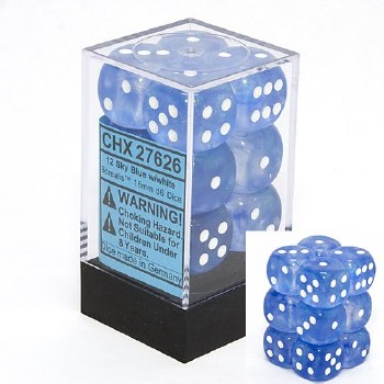 D6 12-die set: 16mm Borealis Sky Blue/white