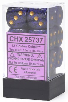 D6 12-die set: 16mm Speckled Golden Cobalt