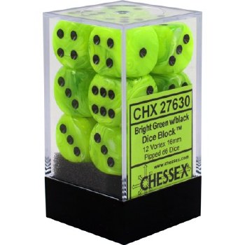 D6 12-die set: 16mm Vortex Bright Green/black