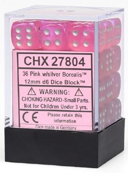 D6 36-die set: 12mm Borealis Pink/silver