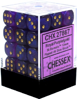 D6 36-die set: 12mm Borealis Royal Purple/gold