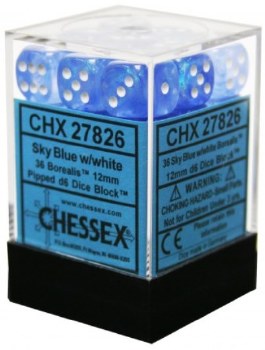 D6 36-die set: 12mm Borealis Sky Blue/white