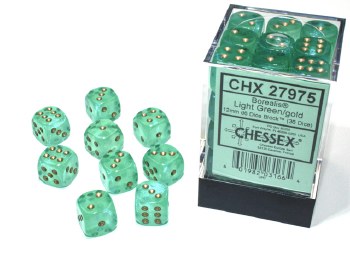 D6 36-die set: 12mm Borealis Light Green/gold