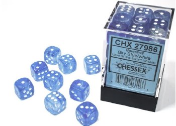 D6 36-die set: 12mm Borealis Sky Blue/white