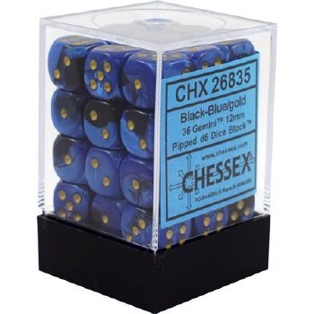 D6 36-die set: 12mm Gemini Black-Blue/gold