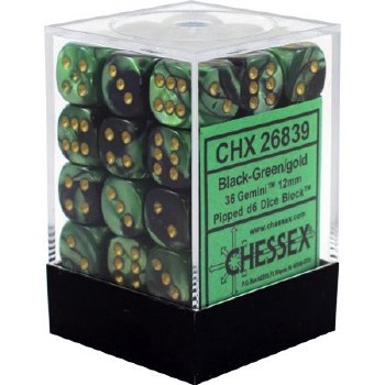 D6 36-die set: 12mm Gemini Black-Green/gold