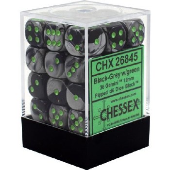 D6 36-die set: 12mm Gemini Black-Grey/green