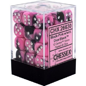 D6 36-die set: 12mm Gemini Black-Pink/white