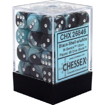 D6 36-die set: 12mm Gemini Black-Shell/white