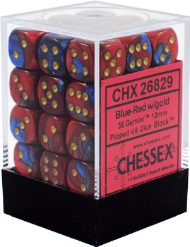 D6 36-die set: 12mm Gemini Blue-Red/gold