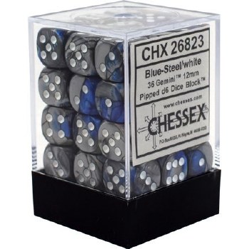 D6 36-die set: 12mm Gemini Blue-Steel/white