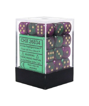D6 36-die set: 12mm Gemini Green-Purple/gold