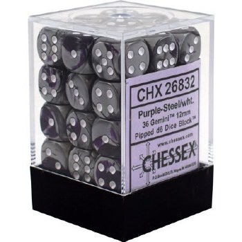 D6 36-die set: 12mm Gemini Purple-Steel/white