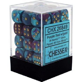 D6 36-die set: 12mm Gemini Purple-Teal/gold