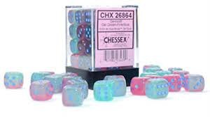 D6 36-die set: 12mm Gel Green-Pink/ Blue