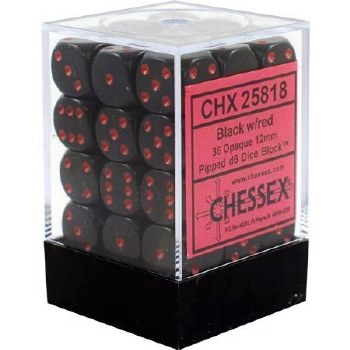 D6 36-die set: 12mm Opaque Black/red