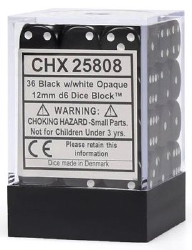 D6 36-die set: 12mm Opaque Black/white