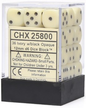 D6 36-die set: 12mm Opaque Ivory/black