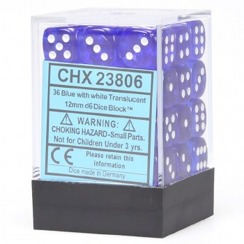 D6 36-die set: 12mm Translucent Blue/white