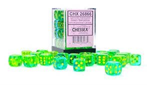 D6 36-dei set: 12mm Transparent Green-Teal/ Yellow