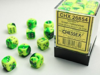 D6 36-die set: 12mm Gemini Green-Yellow/silver