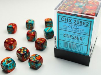 D6 36-die set: 12mm Gemini Red-Teal/gold
