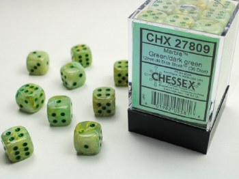 D6 36-die set: 12mm Marble Green/dark green