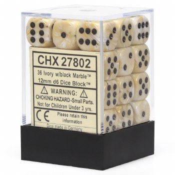D6 36-die set: 12mm Marble Ivory/black