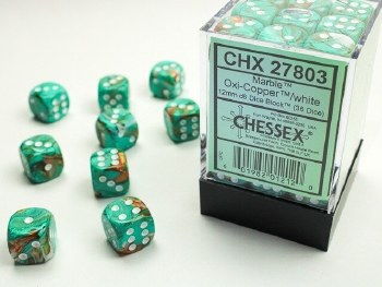 D6 36-die set: 12mm Marble Oxi-Copper/white