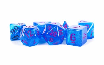 Polyhedral 7-die set: 16mm Stardust - Blue with Purple Numbers
