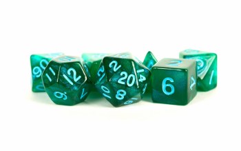 Polyhedral 7-die set: 16mm Stardust - Green with Blue Numbers