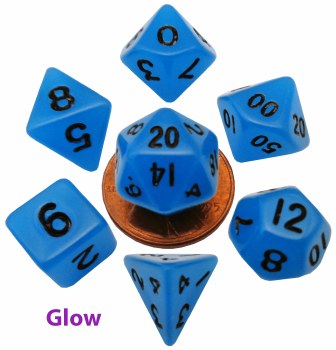 Polyhedral 7-Die Mini Set: 10mm Glow Blue/Black