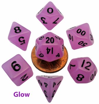 Polyhedral 7-Die Mini Set: 10mm Glow Purple/Black