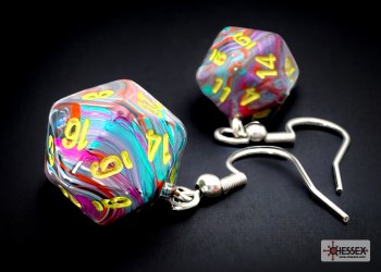 Dice Earrings: d20 Festive Mosaic/ Yellow, Hook