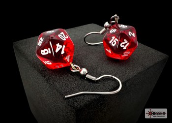 Dice Earrings: d20 Translucent Red/ White, Hook