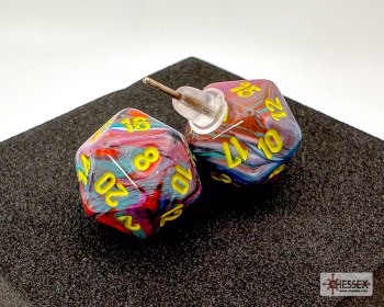 Dice Earrings: d20 Festive Mosaic/ Yellow, Stud