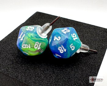 Dice Earrings: d20 Festive Waterlily/ White, Stud