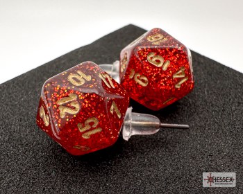 Dice Earrings: d20 Glitter Ruby/ Gold, Stud