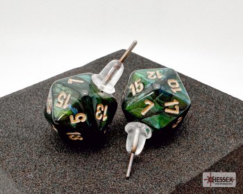 Dice Earrings: d20 Scarab Jade/ Gold, Stud