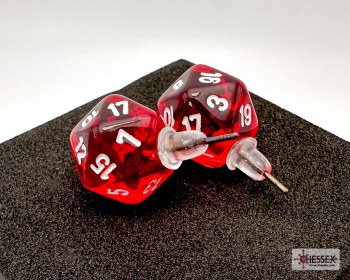Dice Earrings: d20 Translucent Red/ White, Stud