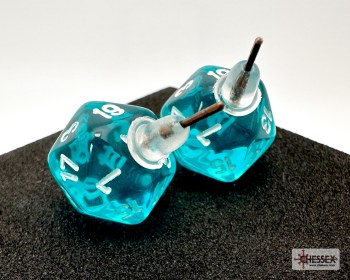 Dice Earrings: d20 Translucent Teal/ White, Stud
