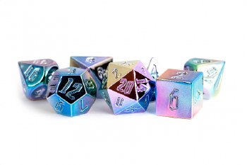 Polyhedral 7-Die Set: 16 mm Metal Polyhedral Dice Set In Rainbow Aegis With Uninked Numbering