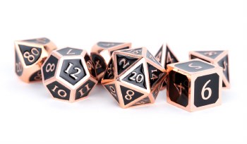 Polyhedral 7-die set: 16mm Metal Polyhedral Dice Set in Antique Copper with Black Enamel