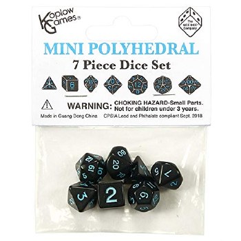 Mini Polyhedral 7 Piece Dice Set Opaque Black with Blue Ink