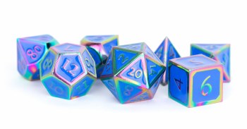Polyhedral 7-die set: 16mm Metallic Rainbow with Blue Enamel