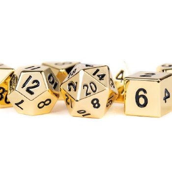 Polyhedral 7-die Set: 16mm Metal Dice Set in Gold with Black Lettering
